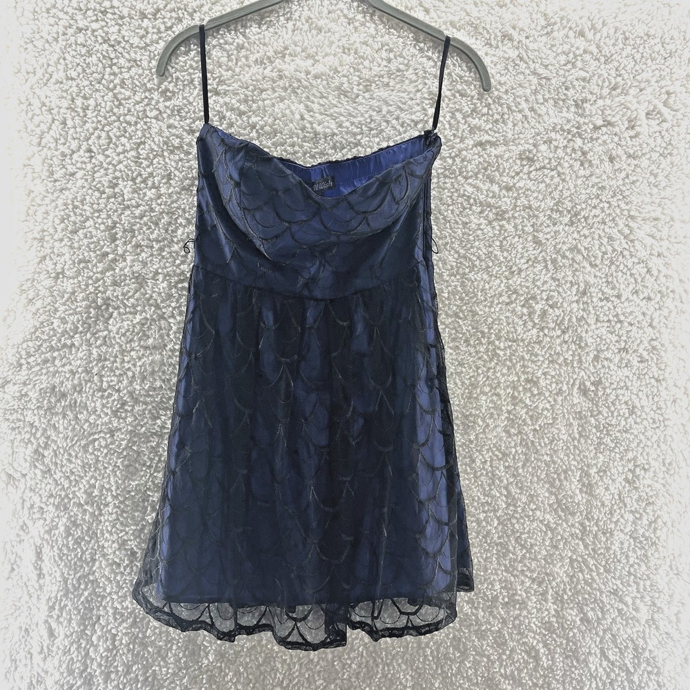 Strapless Mini Dress Size 3 Blue Black Scalloped Lace Sweetheart Whimsigoth